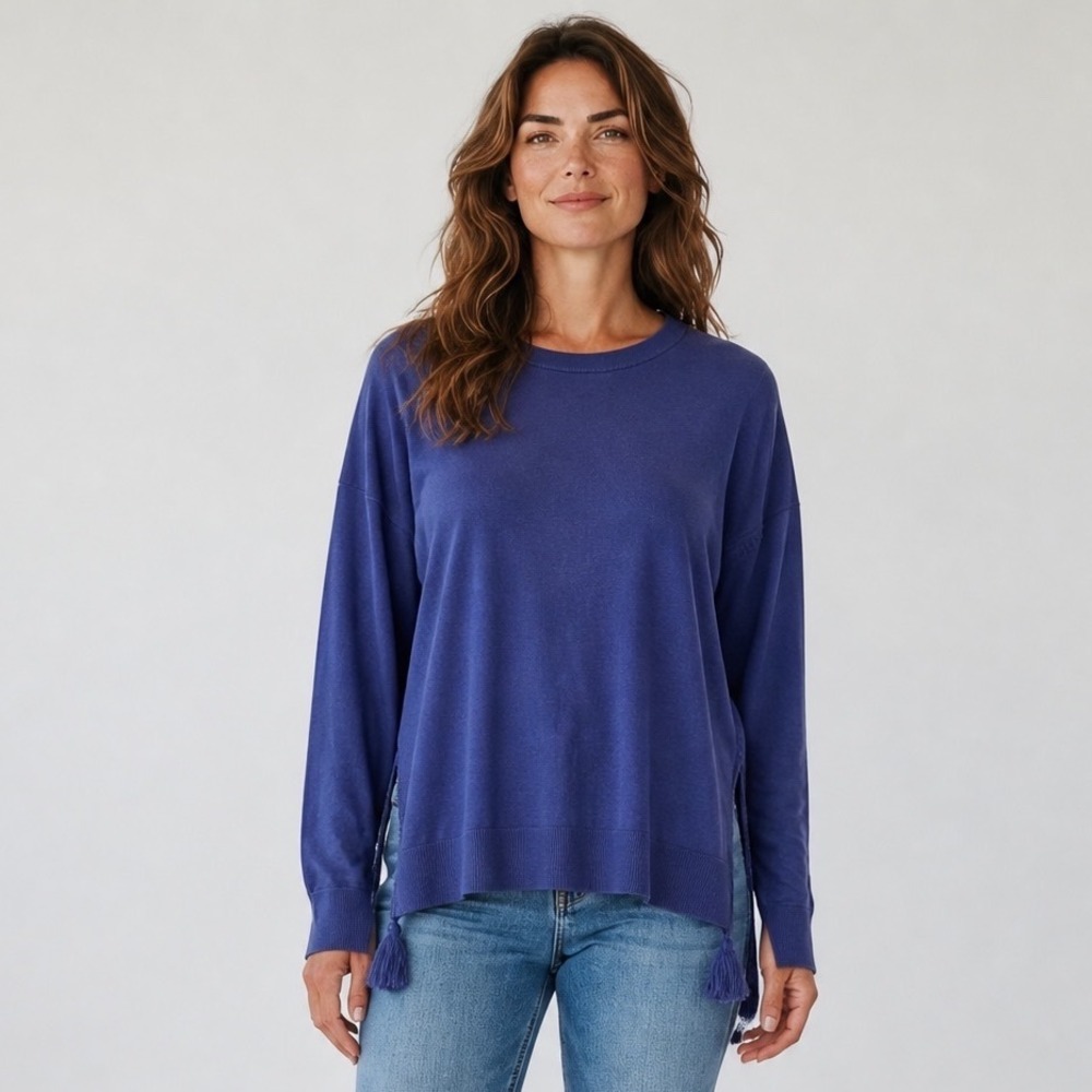 Lilly Pulitzer Navy Blue Coolmax Tassel Crochet Trim Pullover Sweater Womens XL